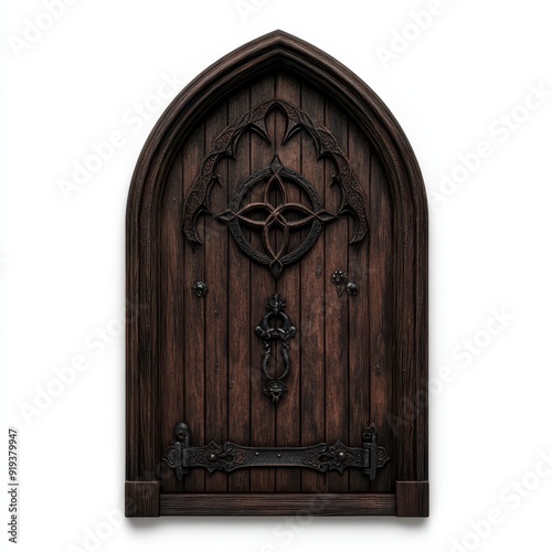 Carved wooden Gothic door with iron straps and intricate designs