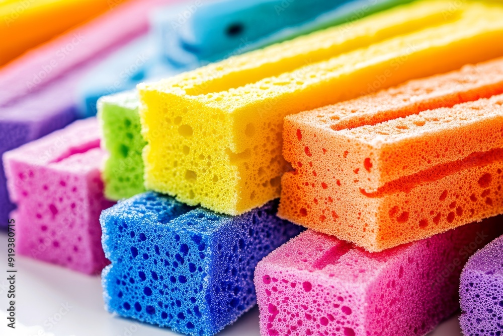 An isolated stack of colourful sponge napkins for quick cleaning in the kitchen An isolated stack of colourful sponge napkins for quick cleaning in the kitchen