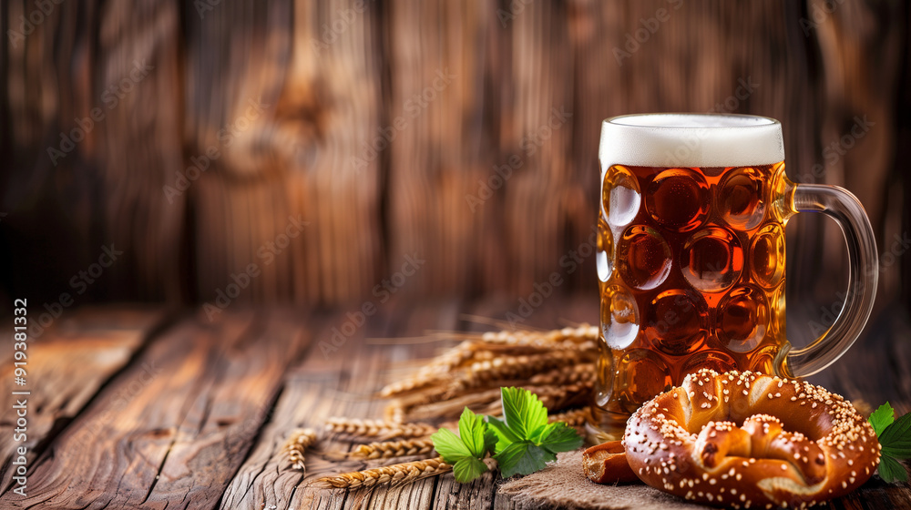 Oktoberfest beer with pretzel, wheat and hops on wooden table with copy space. Oktoberfest beer with pretzel, wheat and hops on wooden table with copy space.