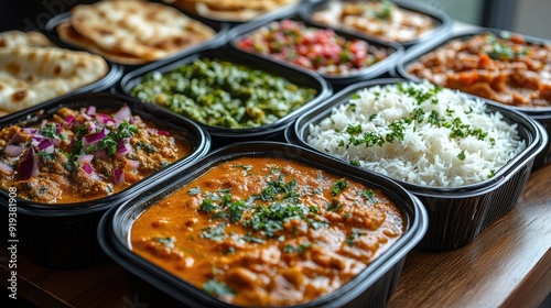 A variety of Indian dishes in compartmentalized delivery boxes, including naan, curry, and rice, presented with vibrant colors and textures.