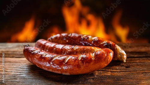 Linguiça assada e suculenta em cima de uma mesa de madeira