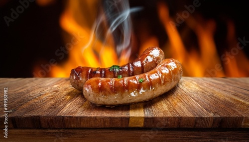 Linguiça assada e suculenta em cima de uma mesa de madeira photo
