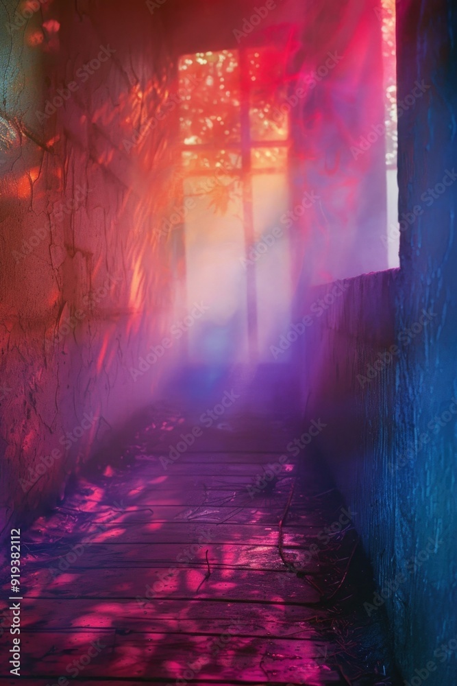 A hallway with a beam of sunlight entering through the window A hallway with a beam of sunlight entering through the window