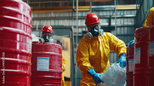 Generate a photo realistic image of workers handling chemicals safely, with proper labeling, protective gear, and spill containment measures visible; ensure the image is of high resolution 