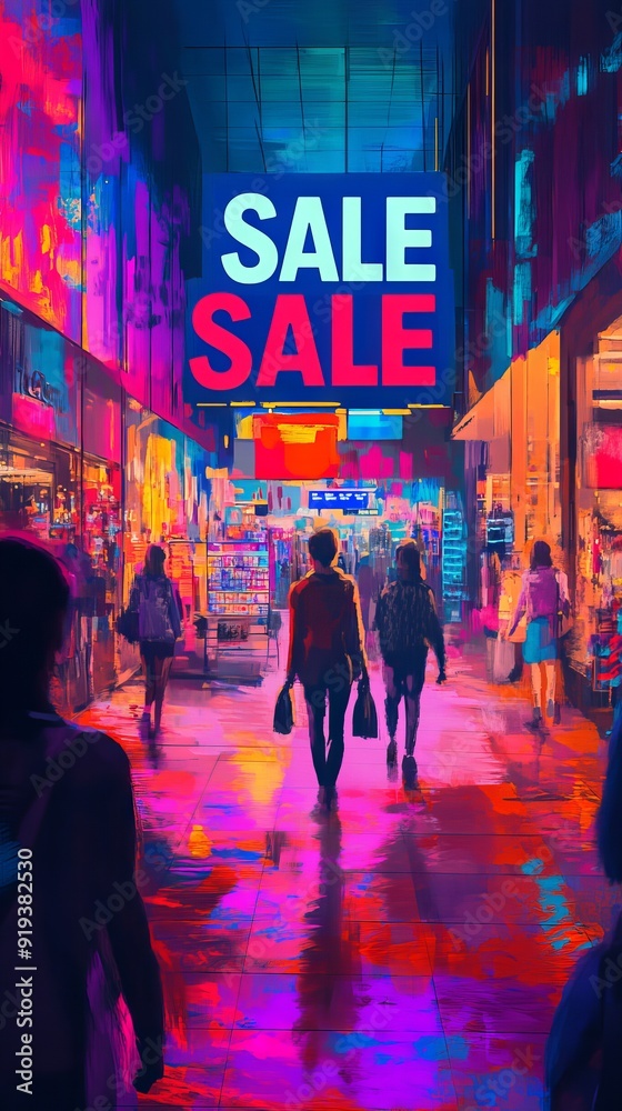 Shoppers Entering Store with Neon 'SALE' Sign
Shoppers Entering Store with Neon 'SALE' Sign