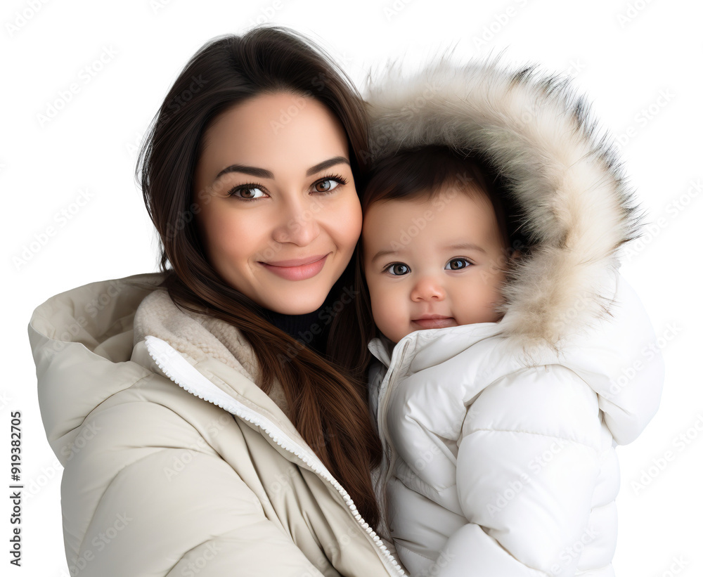 Mixed race single mother holding her baby boy wearing warm winter wear Mixed race single mother holding her baby boy wearing warm winter wear