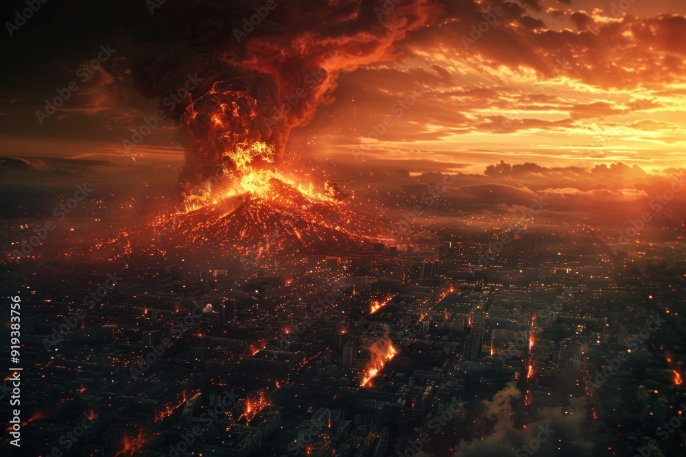 Erupting volcano spewing lava and ash into the sky, casting an orange glow over the dark landscape A dramatic sunset enhances the fiery scene