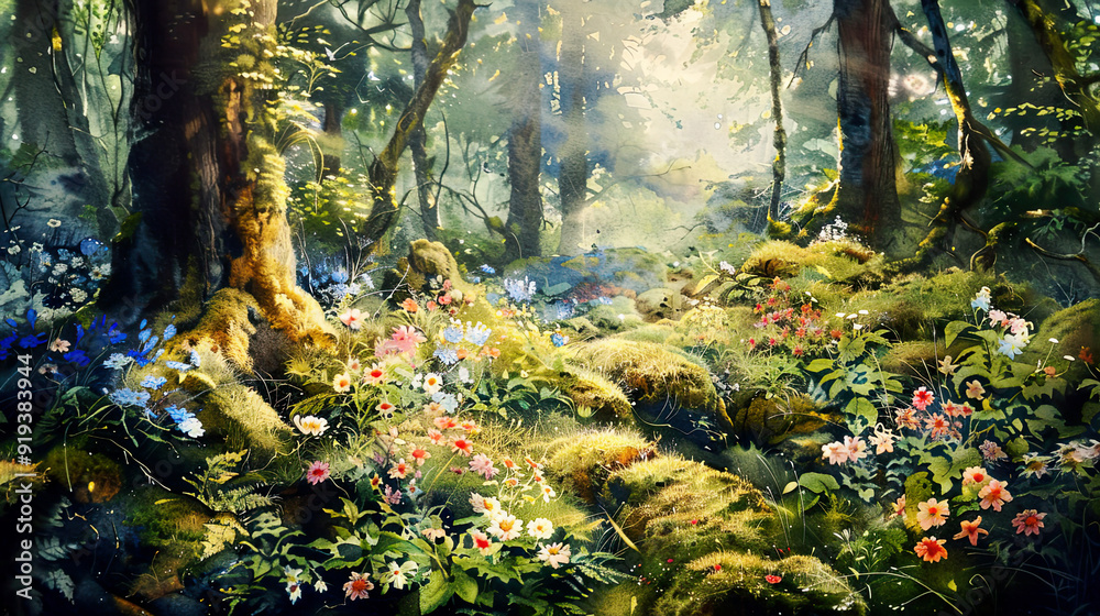 Lush watercolor of a woodland garden, wildflowers, moss-covered trees, soft sunlight ,Ultra-High Detail, Ultra-Realistic Lush watercolor of a woodland garden, wildflowers, moss-covered trees, soft sunlight ,Ultra-High Detail, Ultra-Realistic