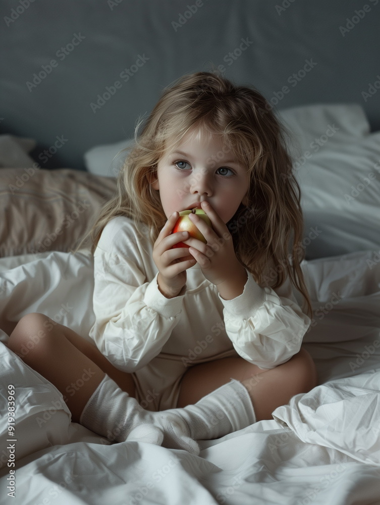 Children, toddlers, paying with toys in the bed, pillow fight, twins, blond hair, red hair, african, caucasian, teddy bear, apple, eating apple, little girl Children, toddlers, paying with toys in the bed, pillow fight, twins, blond hair, red hair, african, caucasian, teddy bear, apple, eating apple, little girl