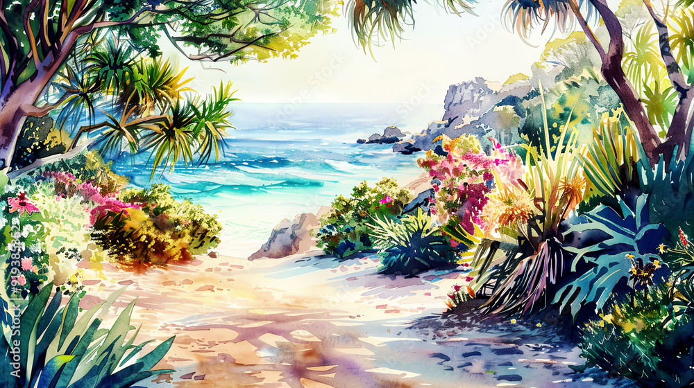 Obraz premium Realistic watercolor of a coastal garden, blooming seaside plants, sandy beach, bright morning light ,Ultra-High Detail, Ultra-Realistic