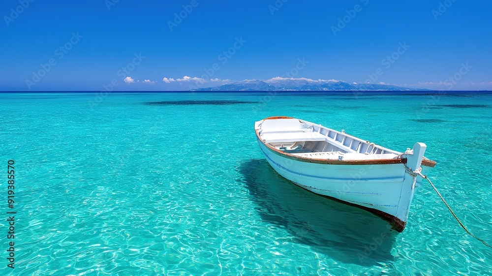 A tiny white vessel bobbing atop azure waves beside a beach of sparkling turquoise sea water A tiny white vessel bobbing atop azure waves beside a beach of sparkling turquoise sea water