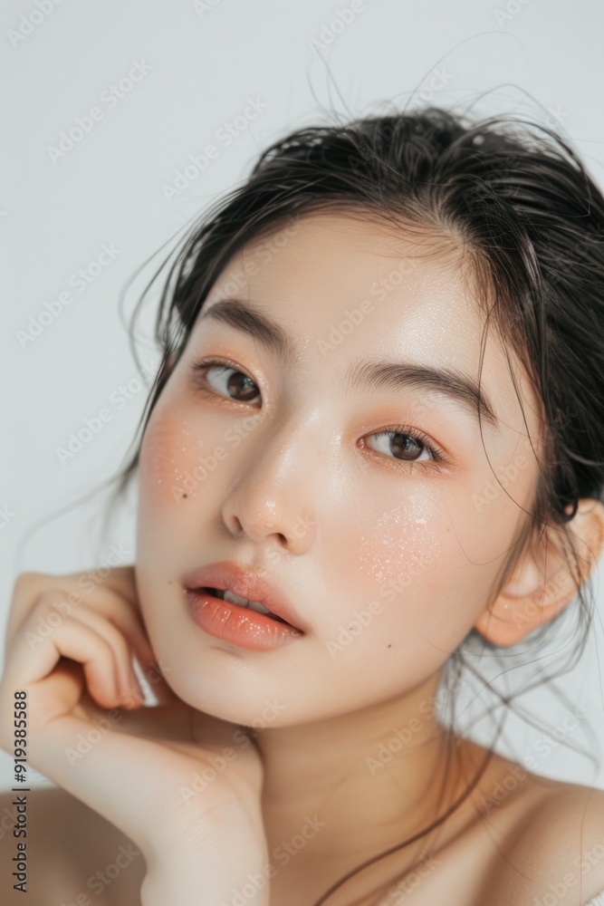 Young woman with light skin and pink glitter on cheeks Young woman with light skin and pink glitter on cheeks