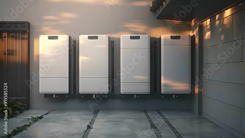 Four large white battery storage units mounted on a concrete wall outside a modern home. 