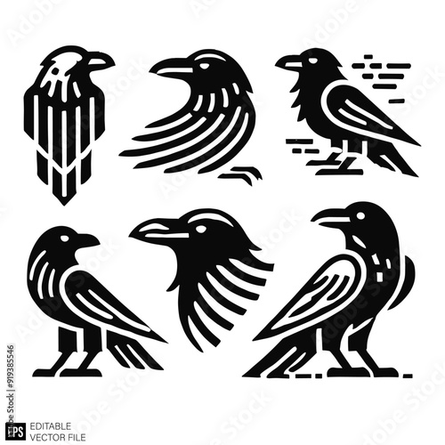 set of raven Clip Art Black and White  Illustrations Graphic Design Elements Vector Silhouette