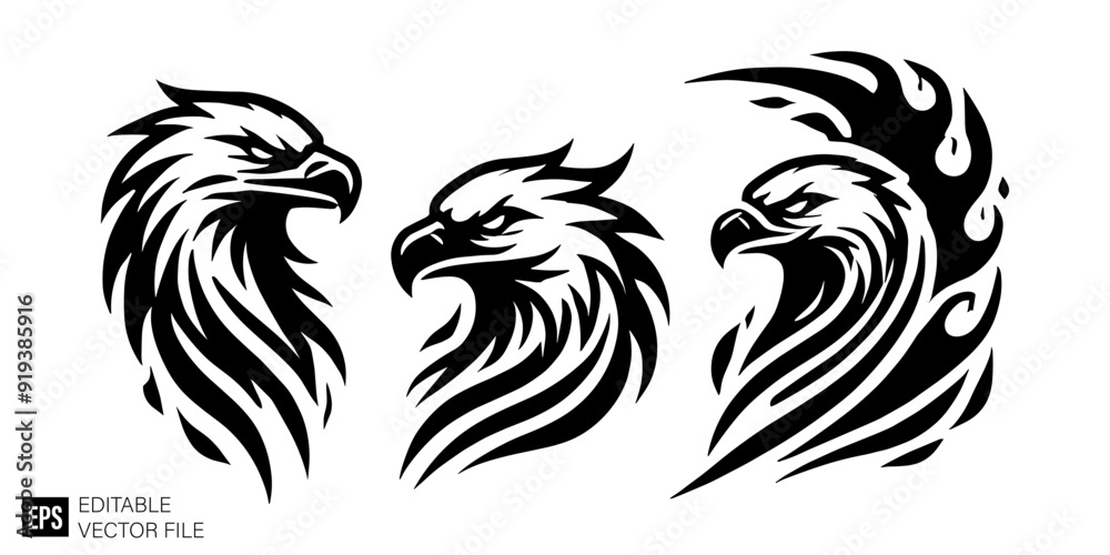 Obraz premium set of eagle head Clip Art Black and White Illustrations Graphic Design Elements Vector Silhouette
