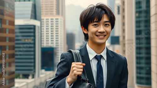 20代、30代のオフィス街にいるアジア人男性（日本人・韓国人イメージ）　Asian Man in His 20s or 30s Wearing a Suit in an Office District photo