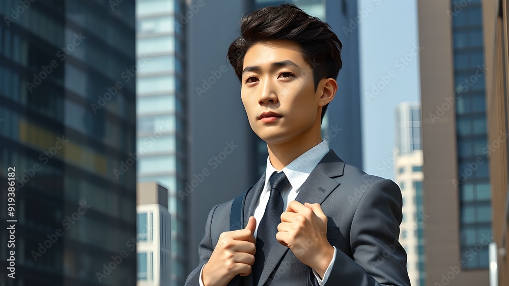 Fototapeta premium 20代、30代のオフィス街にいるアジア人男性（日本人・韓国人イメージ） Asian Man in His 20s or 30s Wearing a Suit in an Office District