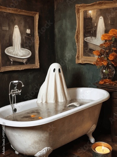 Ghost in bathtub painting generative AI illustration