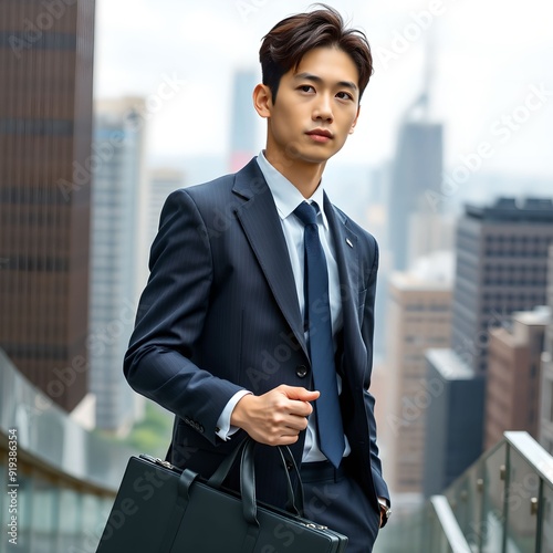 20代、30代のオフィス街にいるアジア人男性（日本人・韓国人イメージ）　Asian Man in His 20s or 30s Wearing a Suit in an Office District photo