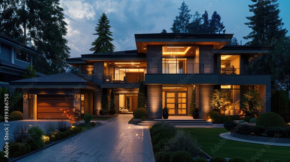 Modern luxury villa exterior, dusk shot. Luxury Home Exterior at Night. Beautiful New House with Landscaping at Twilight.Big house at night in Vancouver, Canada Modern luxury villa exterior, dusk shot. Luxury Home Exterior at Night. Beautiful New House with Landscaping at Twilight.Big house at night in Vancouver, Canada