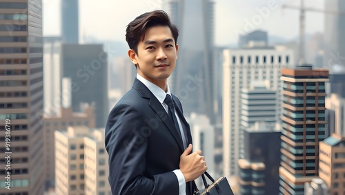 20代、30代のオフィス街にいるアジア人男性（日本人・韓国人イメージ）　Asian Man in His 20s or 30s Wearing a Suit in an Office Distric photo