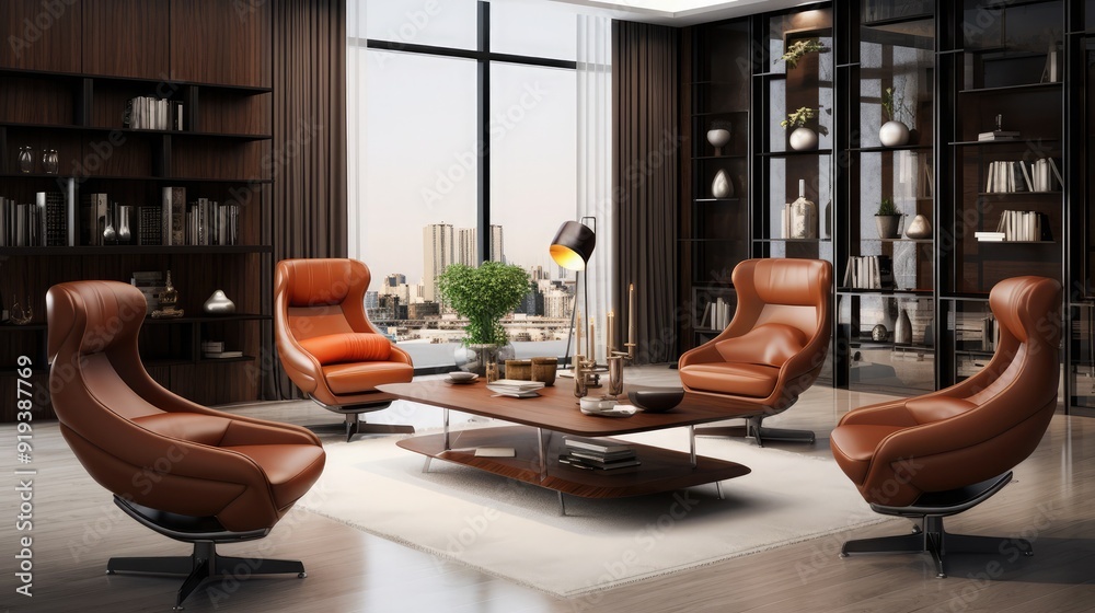 Modern study room with leather or fabric cover. Sitting groups for guests. Armchairs for office