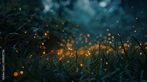 lush bioluminescent grass field at night with fireflies creating patterns of light among the blades