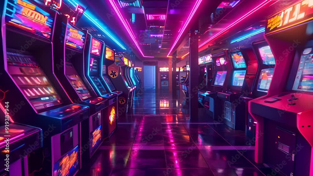 Neon lights illuminate a retro arcade filled with classic video game cabinets.