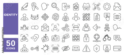 Set of 50 line icons related to identity, fingerprint, identification, authentication, passport, face recognition, DNA, Voice Recognition, Editable stroke. Vector illustration