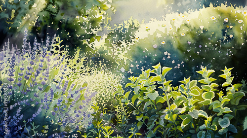 Realistic watercolor of a herb garden, aromatic lavender, mint, oregano, bright morning light