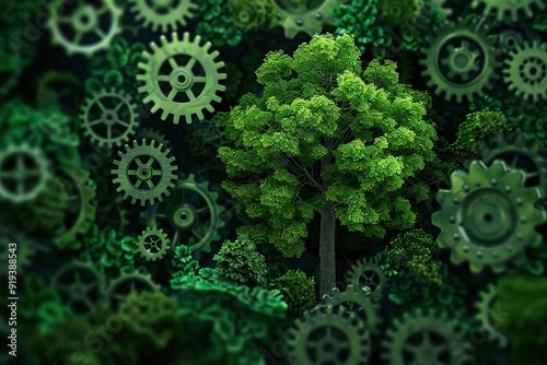 Tree combined with gear wheel, cogs. Ecology conservation during industrial production. Ai generative
