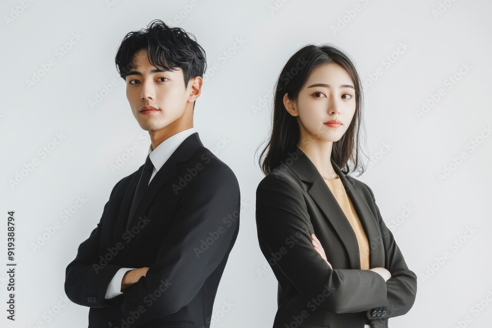 Photo of two young Asian business people on white background with generative ai Photo of two young Asian business people on white background with generative ai