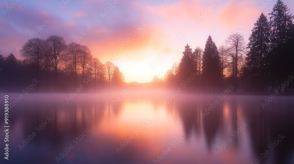 Water with trees and sunset in the background Water with trees and sunset in the background
