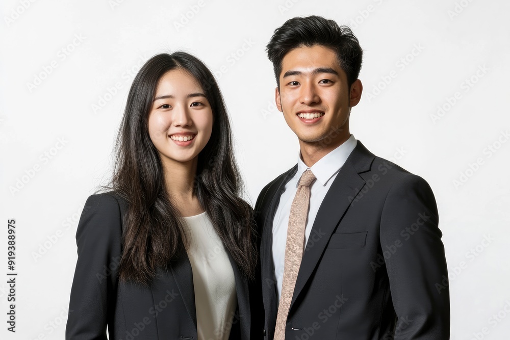 Photo of two young Asian business people on white background with generative ai Photo of two young Asian business people on white background with generative ai