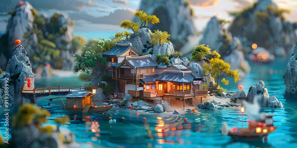 Fototapeta premium A cute 3D character, an Asian person, is fishing on a boat during an outdoor recreational activity. The scene captures a relaxed and playful moment, combining nature and leisure in a charming way.