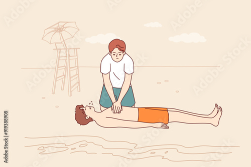 Man indirect lifeguard gives cardiac massage to drowned guy, providing first aid until 911 arrives. Work of rescue male demonstrating skills of resuscitation and restoring heartbeat of drowned man