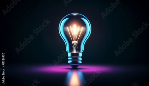 Iridescent holographic glowing lightbulb with copy space.