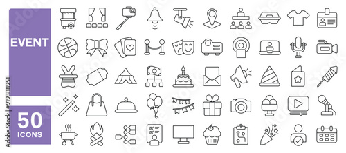 Set of 50 line icons related to event, event planning, catering, party, celebration, ticket, invitation, fireworks, Editable stroke. Vector illustration