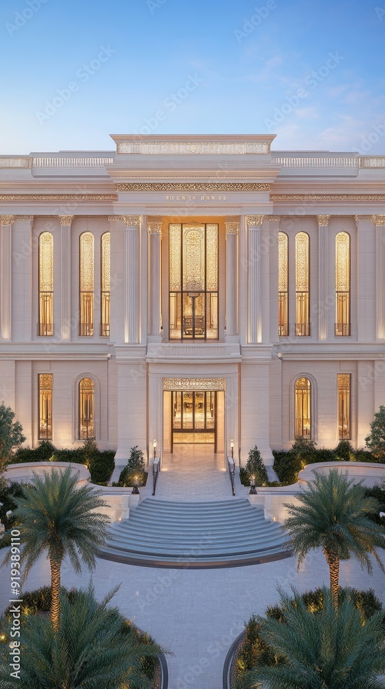 Obraz premium An opulent hotel entrance with grand architecture, adorned in black metalwork and gold accents, welcomes guests amid vibrant landscaping