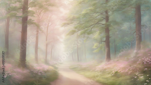 A panoramic view of a path through summer forest, with towering trees and sunlight.