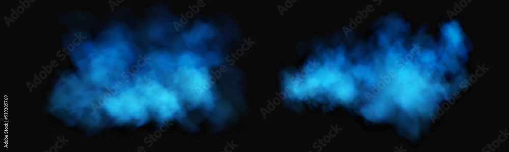 Fog or smoke, blue smog clouds on floor, isolated transparent special effect. Vector illustration, morning fog over land or water surface, magic haze.	