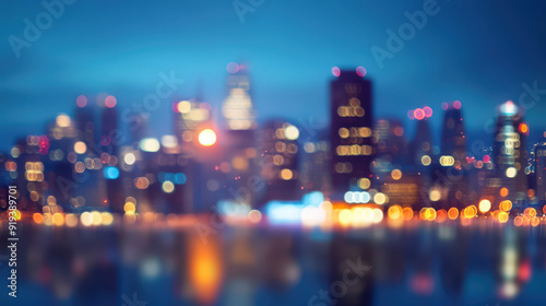 A city skyline is reflected in the water