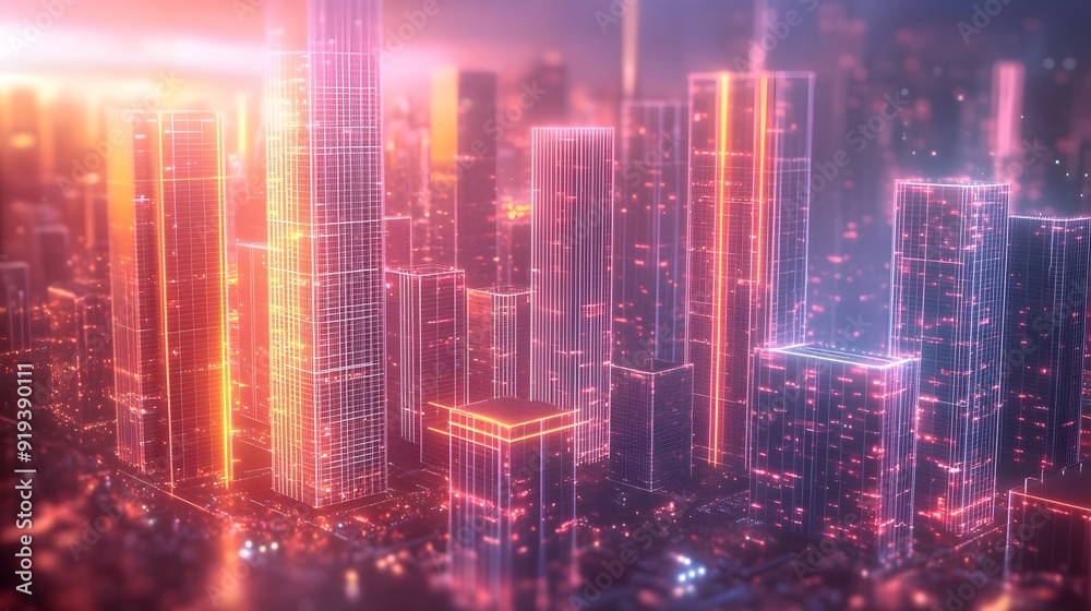 Digital Cityscape with Luminous Skyscrapers and Data Streams, Symbolizing Technological Integration in Urban Life Digital Cityscape with Luminous Skyscrapers and Data Streams, Symbolizing Technological Integration in Urban Life