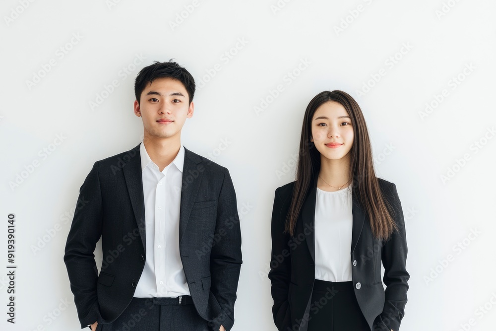 Photo of two young Asian business people on white background with generative ai Photo of two young Asian business people on white background with generative ai