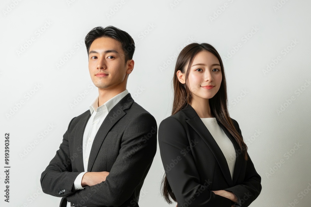Photo of two young Asian business people on white background with generative ai Photo of two young Asian business people on white background with generative ai