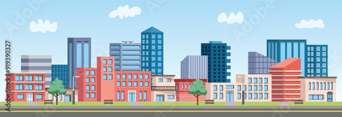 City skyline vector art. Urban city vector illustration. Urban cityscape vector stock. Apartment building landscape.. Urban city park building landscape.