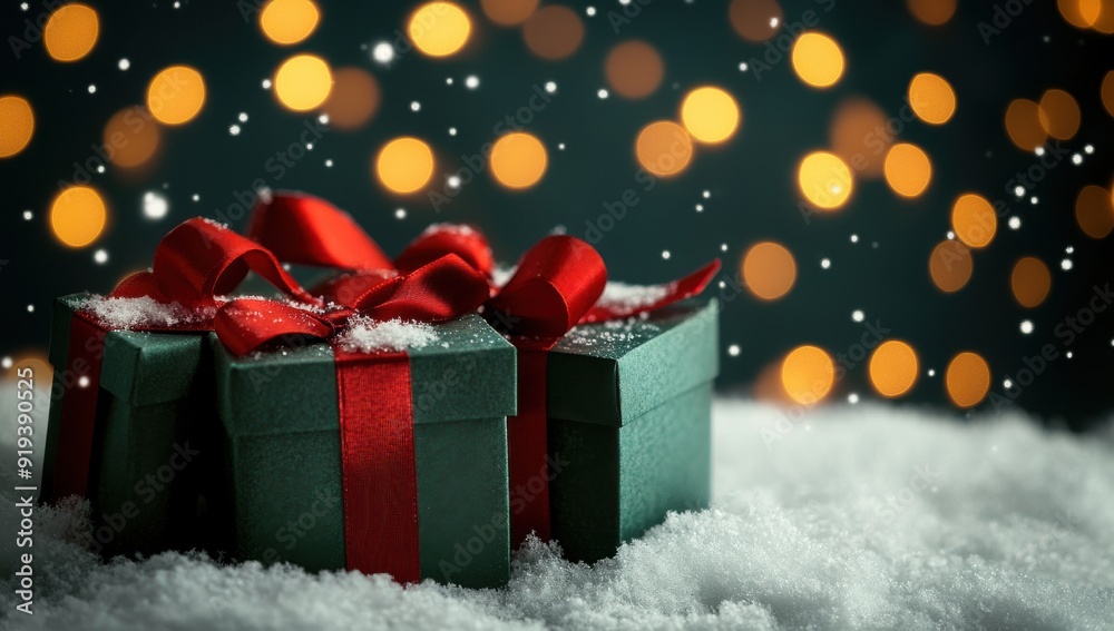 Green Christmas gift boxes with red ribbon on the snow and bokeh lights background. Green Christmas gift boxes with red ribbon on the snow and bokeh lights background.