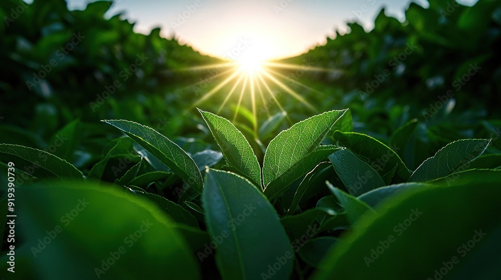 Obraz premium Sun shines brightly on a tea plant amidst tea bushes in field