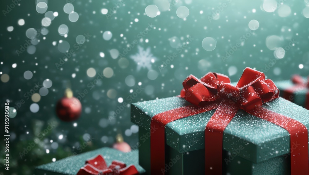 Green Christmas gift boxes with red ribbon on the snow and bokeh lights background.