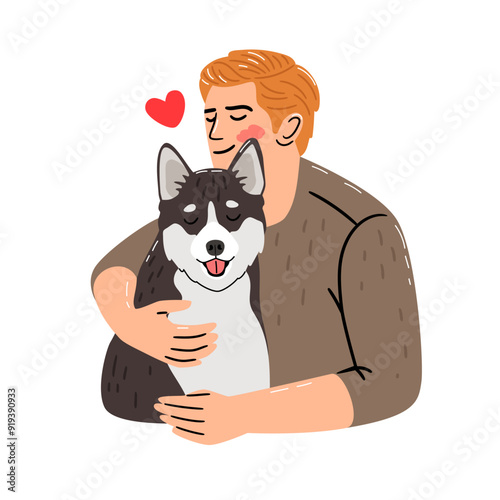Happy man hugs husky breed dog. Illustration about the love of pet owners